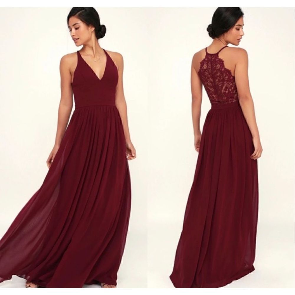Lulus love spell small burgundy wine chiffon cocktail lace back maxi dress